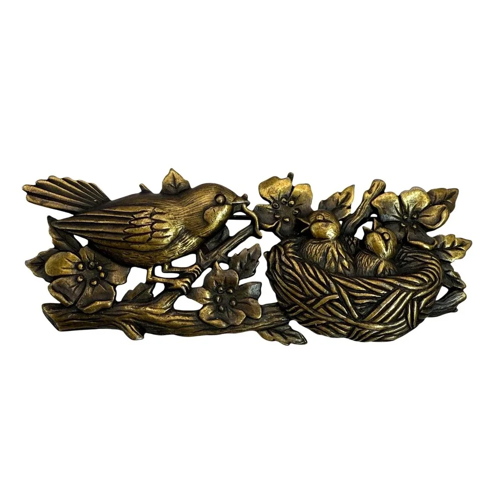 Vintage JJ Bird Nest Brooch – Gold Tone Mother Bird‎ with Nest Figural Pin